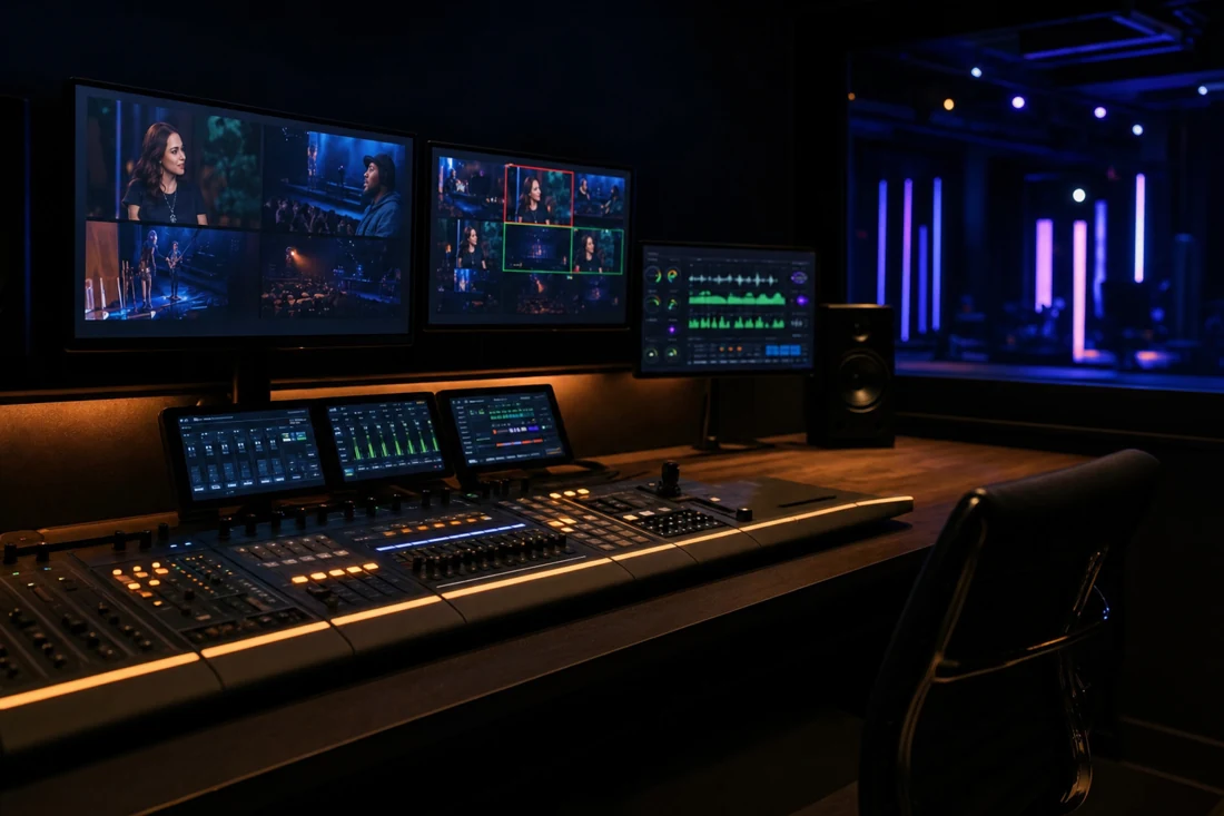 Sala de control de streaming con monitores y consola